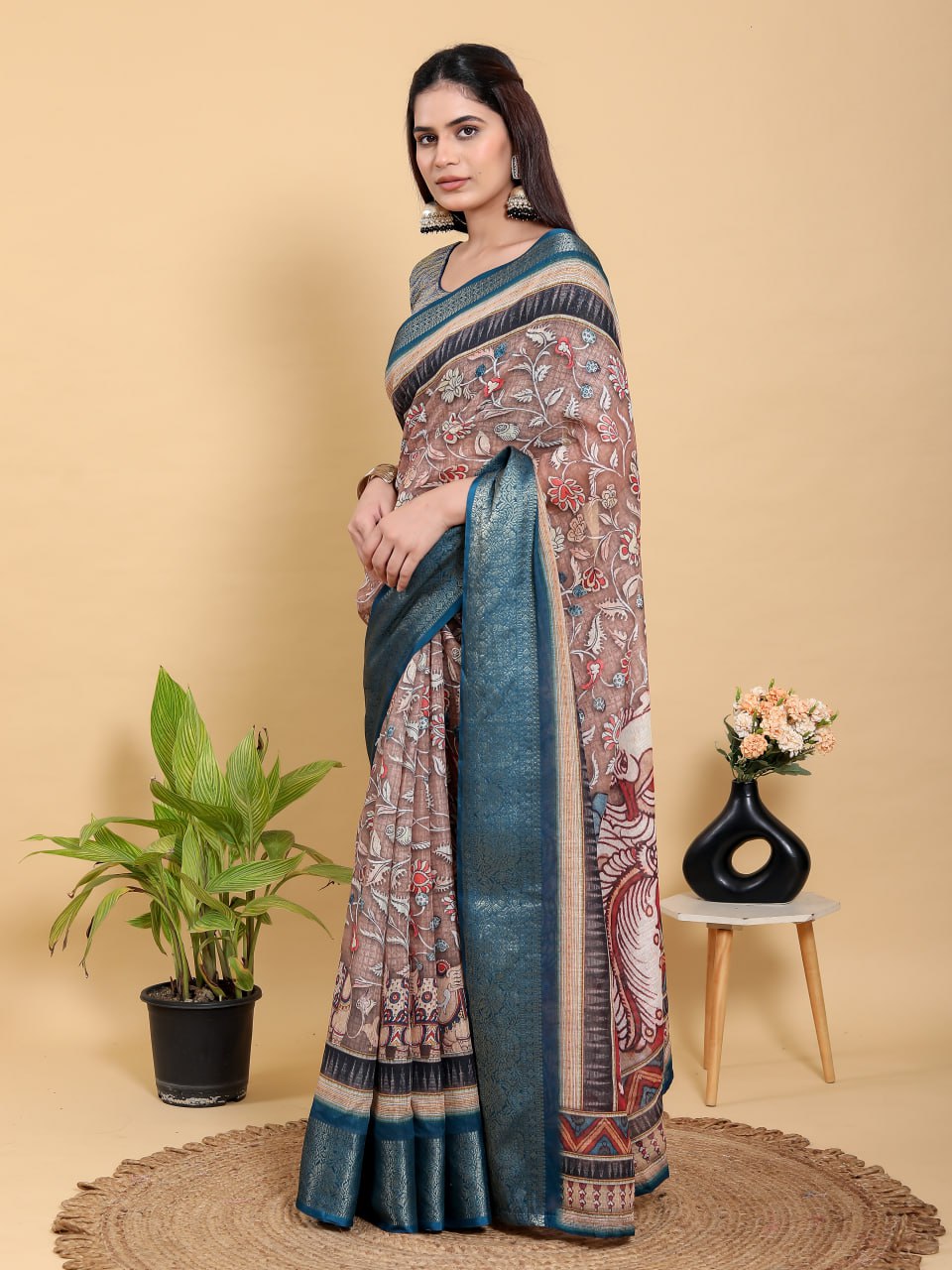 Heritage Brown & Teal Artistic Linen Cotton Saree | Kalamkari/Pichwai Style with Jacquard Border